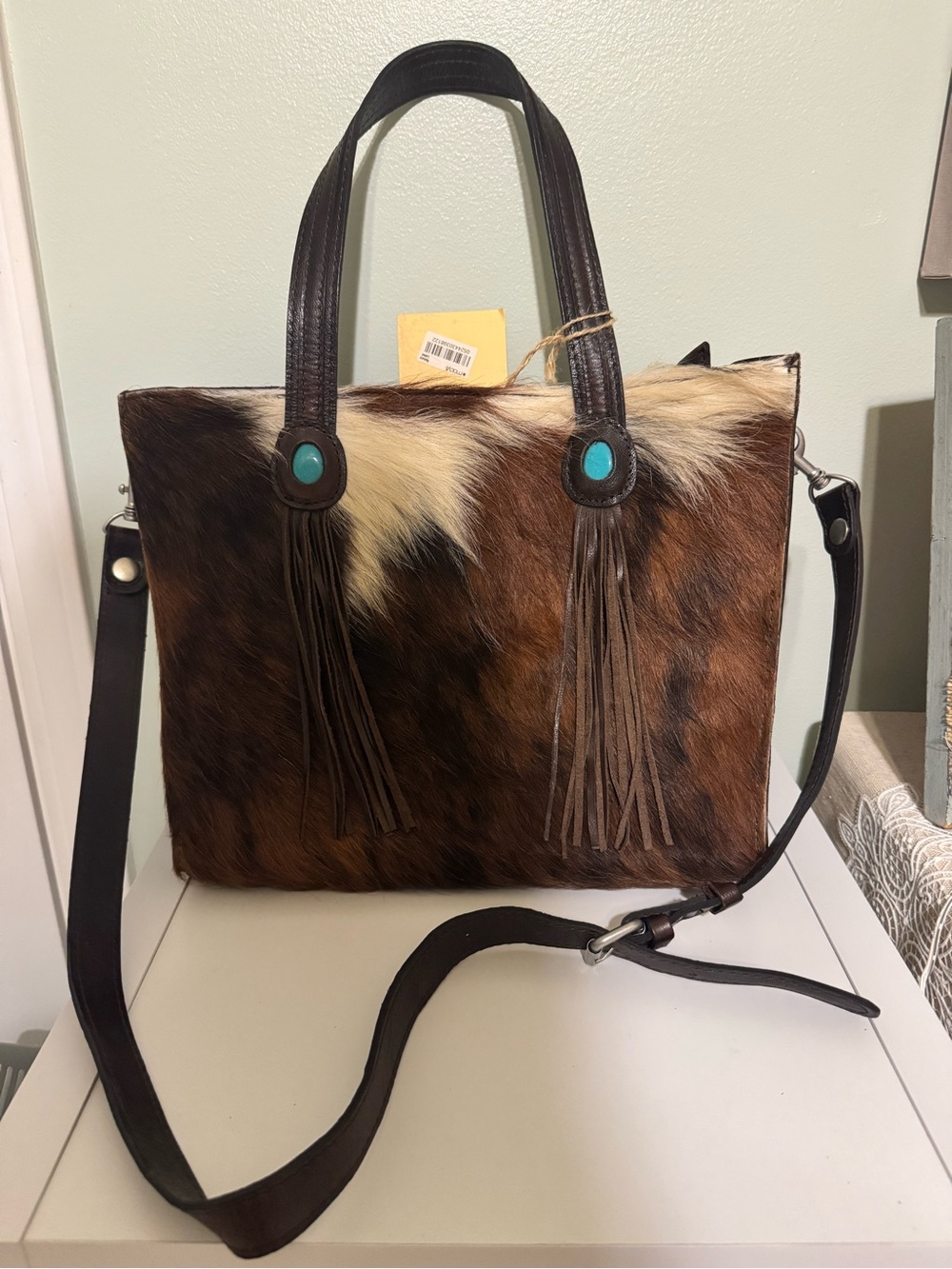 Patricia Nash Brown and Cream Haircalf Crossbody with Turquoise Accents
